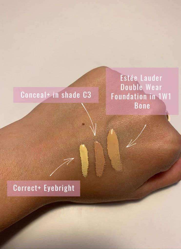 swatches of fitglowc concealer and estee lauder foundation on a hand