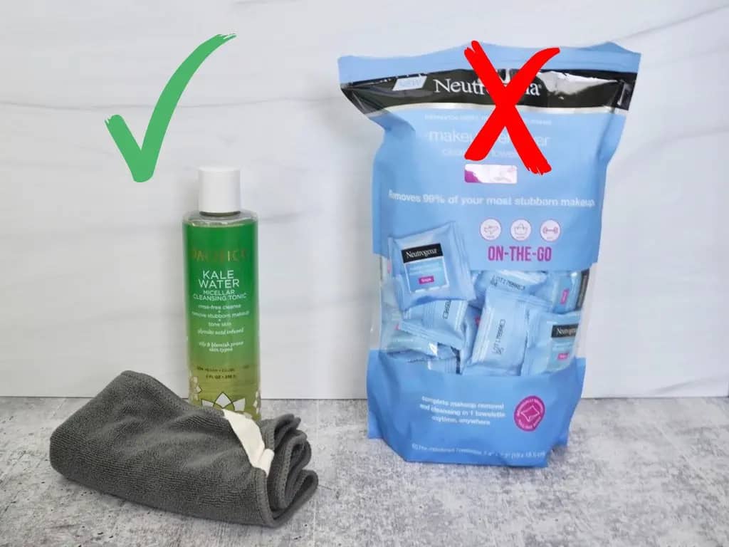 pacifica micellar water and dark grey microfiber cloth next to a big bag of travel sized neutrogena makeup wipes