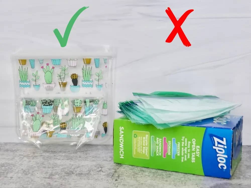 two reusable sandwich bags next to ziploc one time use plastic sandwich bags